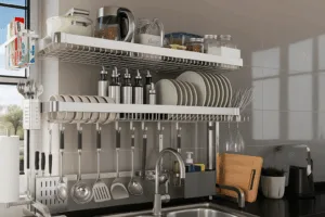 ss kitchen rack with multiple tiers for storing utensils, plates, and kitchen accessories in an organized manner.